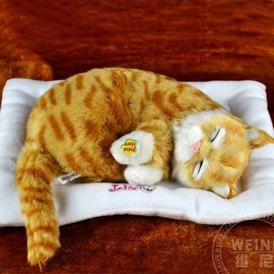 

yellow cat about 30cm breathing sound cat soft toy model,with mat ,polyethylene & furs resin handicraft, home decoration h992