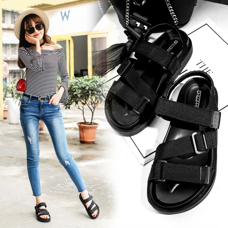 Женские сандалии на толстой подошве черные повседневные пляжные в римском стиле