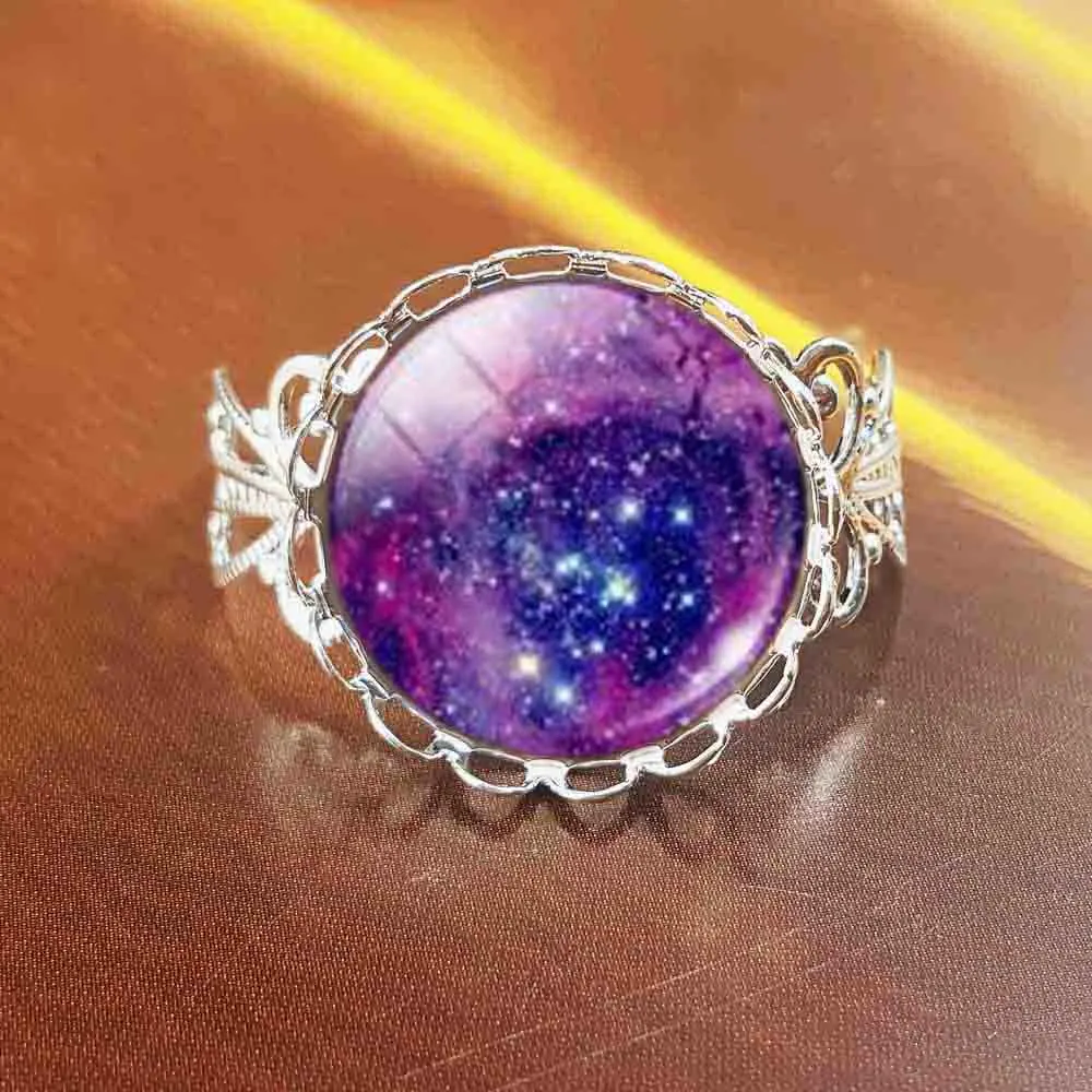

QiYuFang Fashion Jewelry Galaxy Picture Stud ring Glass Cabochon rings For Women Bronze Color Accessories Pretty Gifts