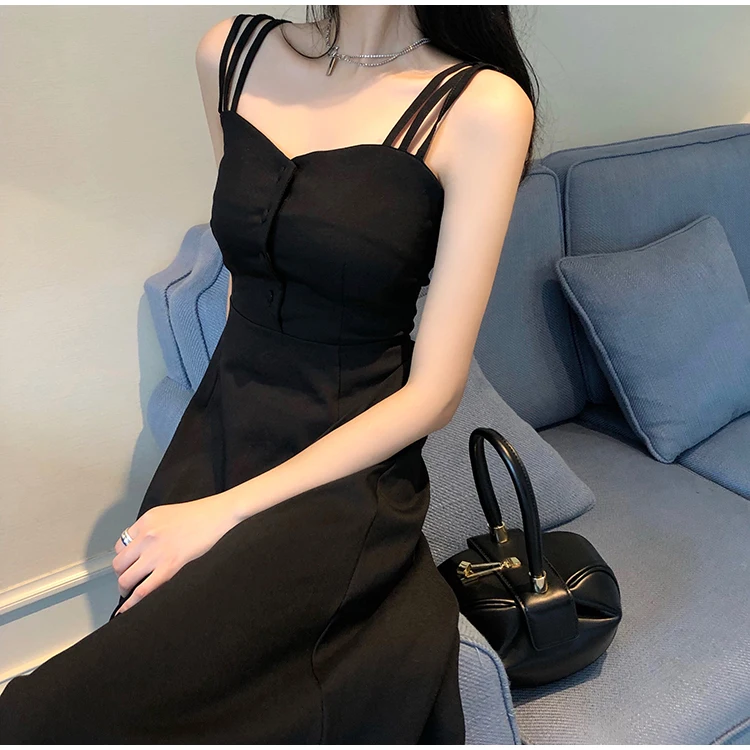 Hong Kong-style retro off-the-shoulder waist slim slimming women's Hepburn black strap dress | Женская одежда