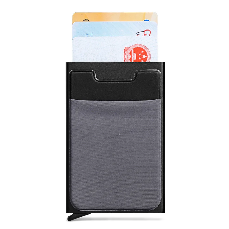 Black with gray Алюминиевый кошелек с эластичным лайкрой задний карман RFID Блокировка мини металлический кредитный держатель для карт автоматический всплывающий чехол для карт Портмоне - Цвет: Black with gray