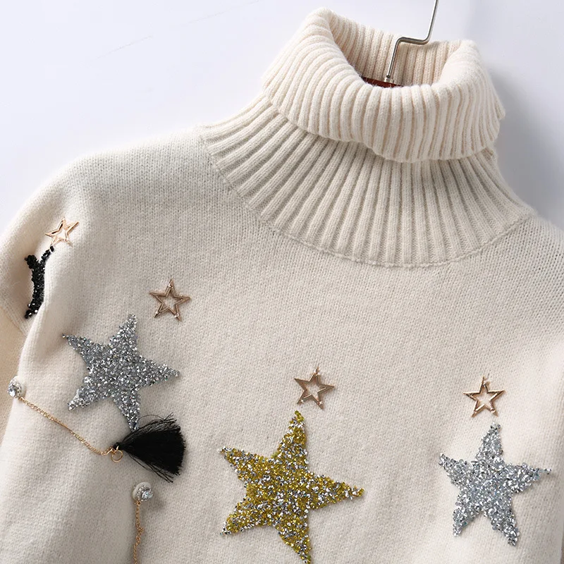 Winter Turtleneck Sweater Women 2019 Tassel And Pullovers Fashion Stars Sequins Long Sleeve Top Pull Femme | Женская одежда