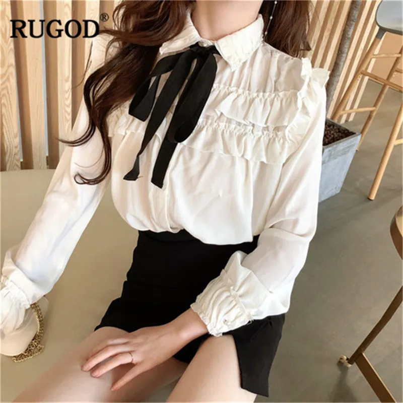 RUGOD/Женские топы и блузки, Модный милый галстук-бабочка, рубашка с длинными рукавами, весна, элегантная белая блузка Одежда с рюшами, feminina