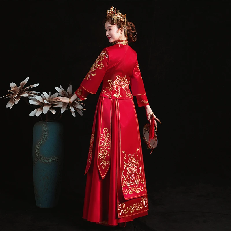 Традиционное китайское свадебное платье Cheongsam с длинным рукавом халат вышивкой