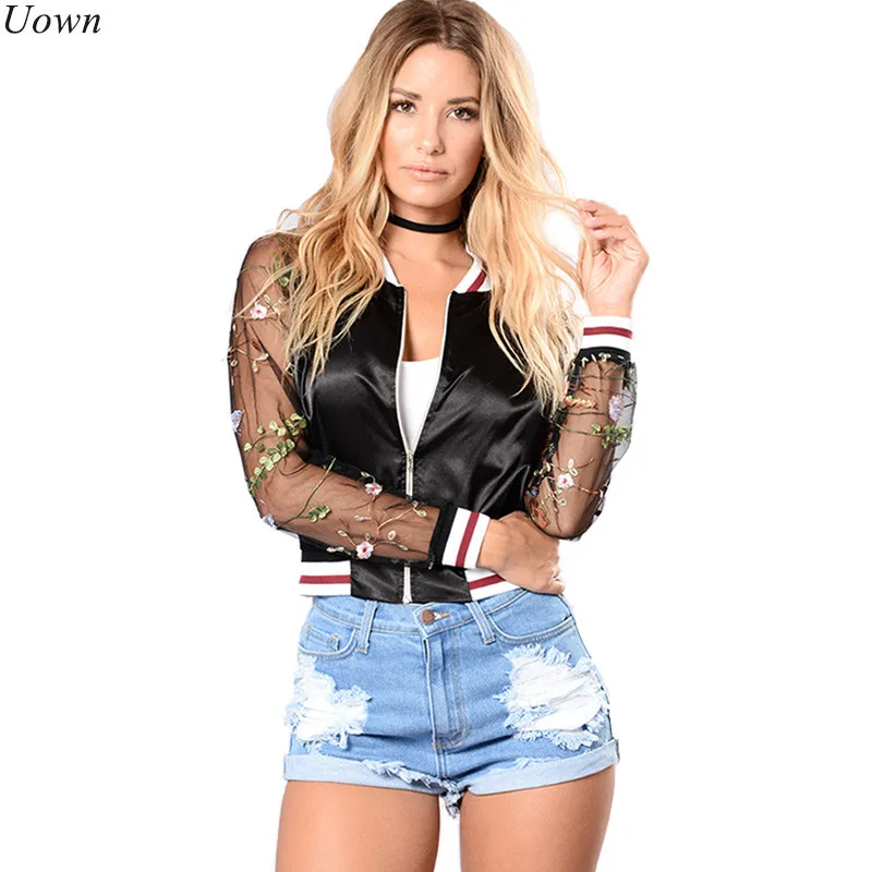 Прозрачные женские куртки с длинным рукавом пальто цветочной вышивкой на молнии