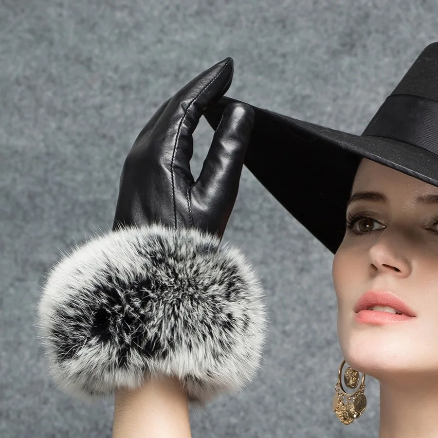Большой лисий мех осень и зима женщины овчина естественная кожа перчатки дамы