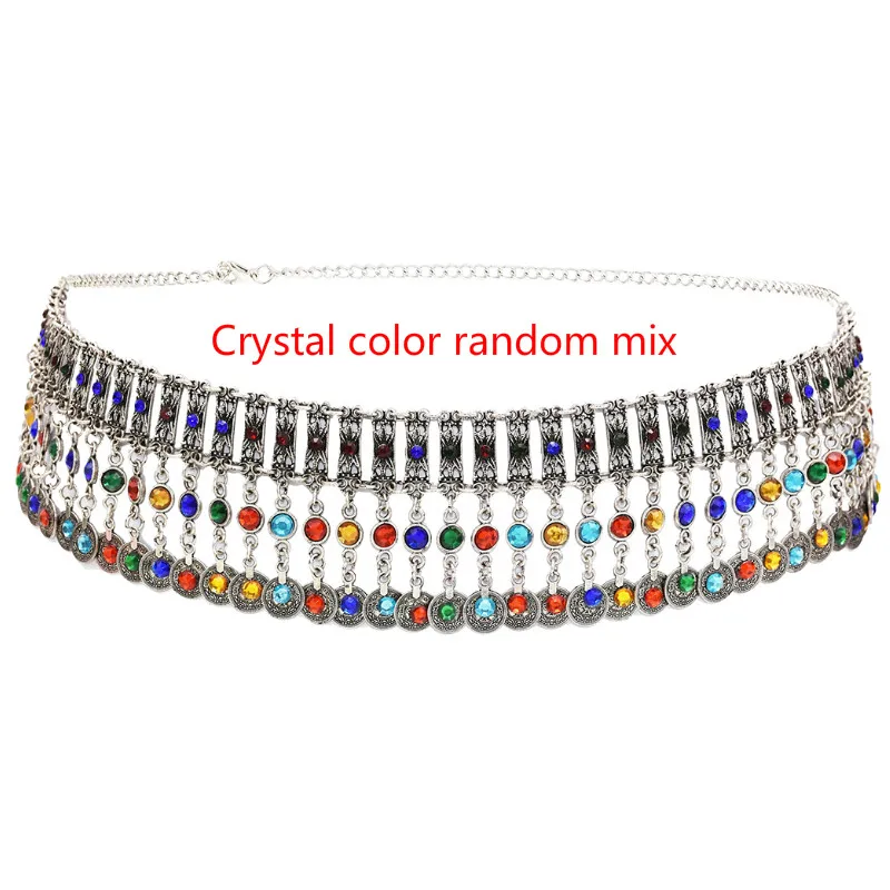 Crystal random mix Индейка Женская винтажная антикварная серебряная монета кисточка танец живота цепочка для тела на талию цепь свадебный пояс индийская Цыганская Этническая пляжная бижутерия - Окраска металла: Crystal random mix