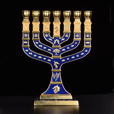 Синяя эмаль Menorah позолоченный 7 веток племен Израиля, джерузама - Цвет: Small
