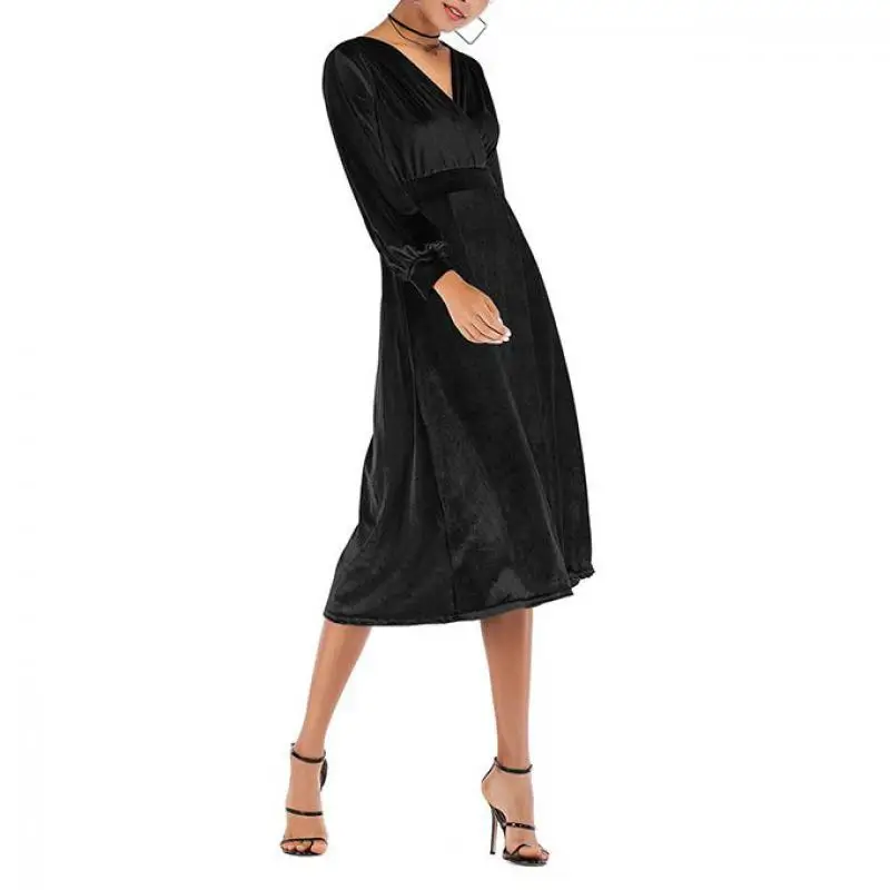 2019 Spring Autumn Fashion V Neck Hihg Waist 3 Solid Color S-xl Velvet Women Mid Dress Jl-bfz001 | Женская одежда