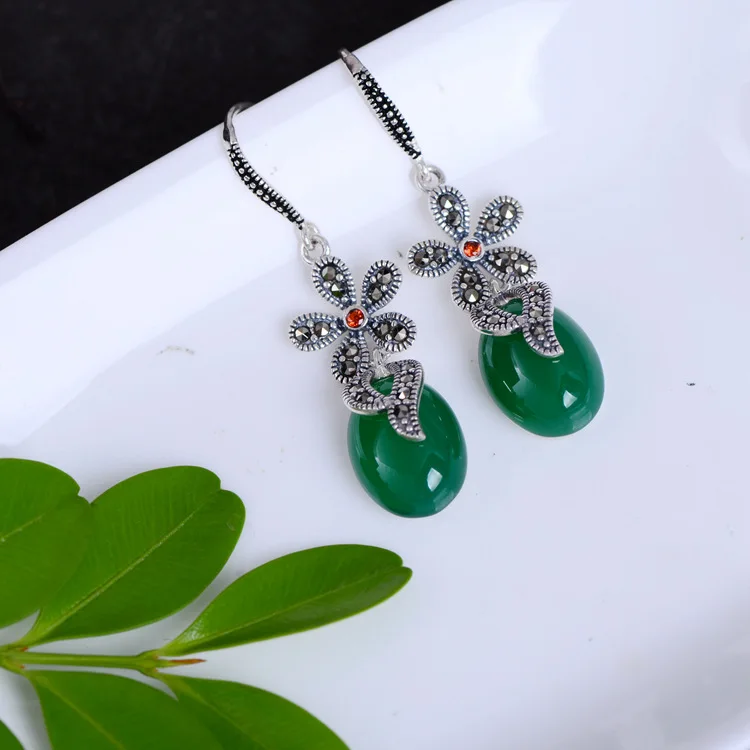 

Женские серьги из серебра S925 пробы с натуральным зеленым халцедоном