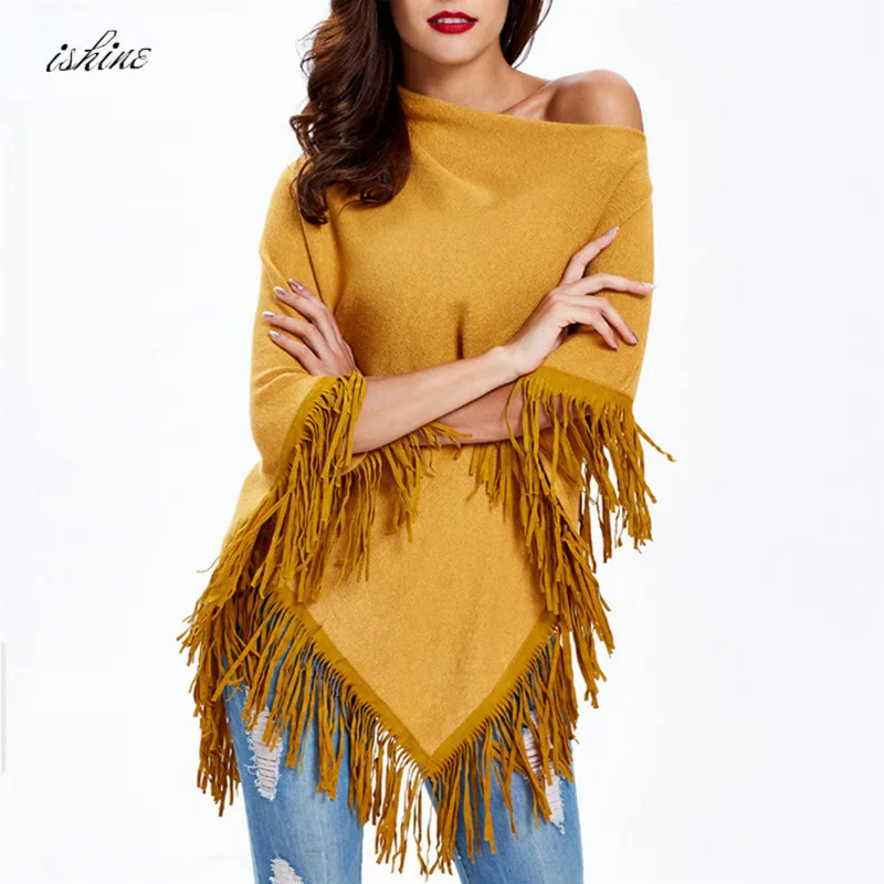 Женский осенне-зимний вязаный шерстяной свитер пончо шаль однотонный пуловер