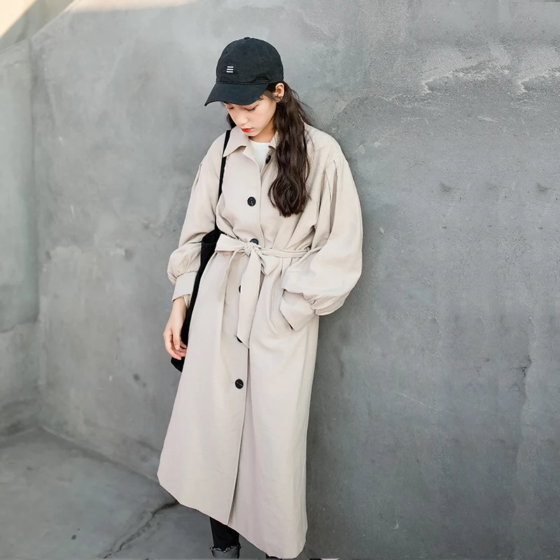 

spring autumn fashion Trench Coat Casual women khaki and black long Outerwear loose single breasted clothes for lady with belt
