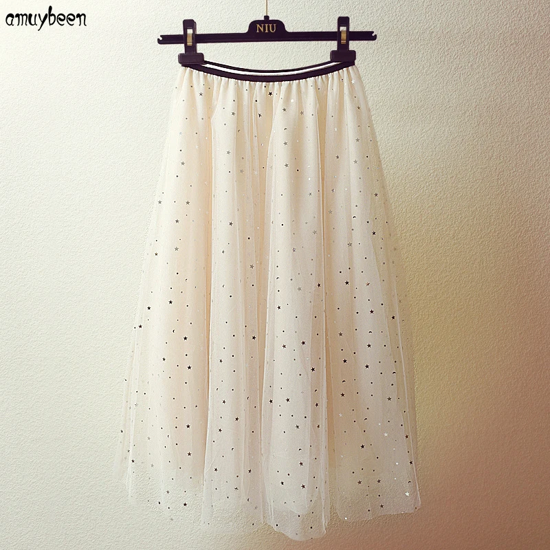 Skirts Mesh Sequin Skirt Women 2018 Stars Winter Tutu Party Tulle Festa Mori Black High Waist Harajuku Pleated Midi | Женская одежда