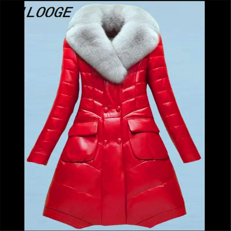 AILOOGE Winter Women Leather Coat High Quality Weight Jacket Duvet Sheep Temperament Fox Fur Collar Fashion Female Down Par | Женская