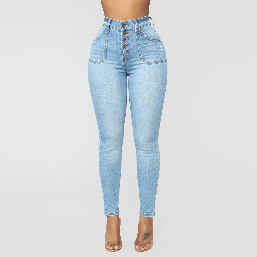 Женские леггинсы с завышенной талией и пуговицами облегающие джинсовые брюки