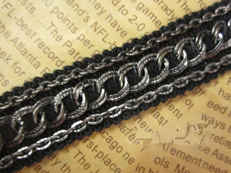 

5yards Craft Black Braided Metal Chain Decorated Lace Ribbon Trim For Dress Clothes Accessories Trim