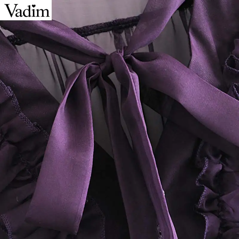Vadim women stylish solid V neck blouse ruffles bow tie mesh transparent three quarter sleeve female summer wear tops DA405 |