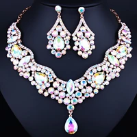 charm wedding jewelry color crystal rhinestones water drop necklace earrings set for women fashion bridal jewelry sets