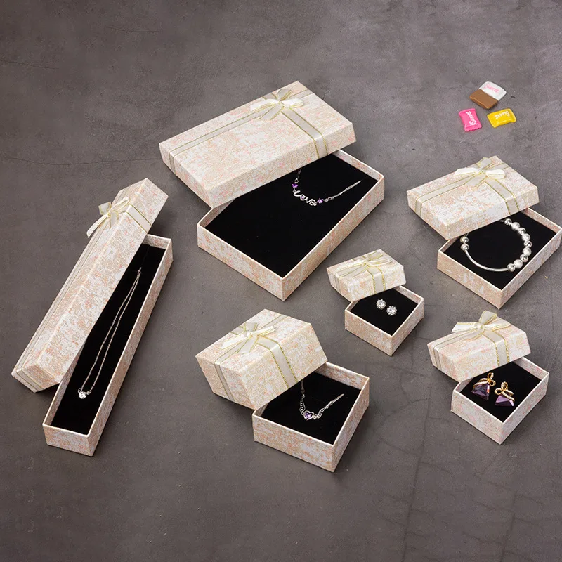 

Touch Paper Jewelry Storage Boxes With Bow Ribbon Gift Packaging Carton Ring Earrings Bracelet Necklace Jewelry Set Box 10pcs