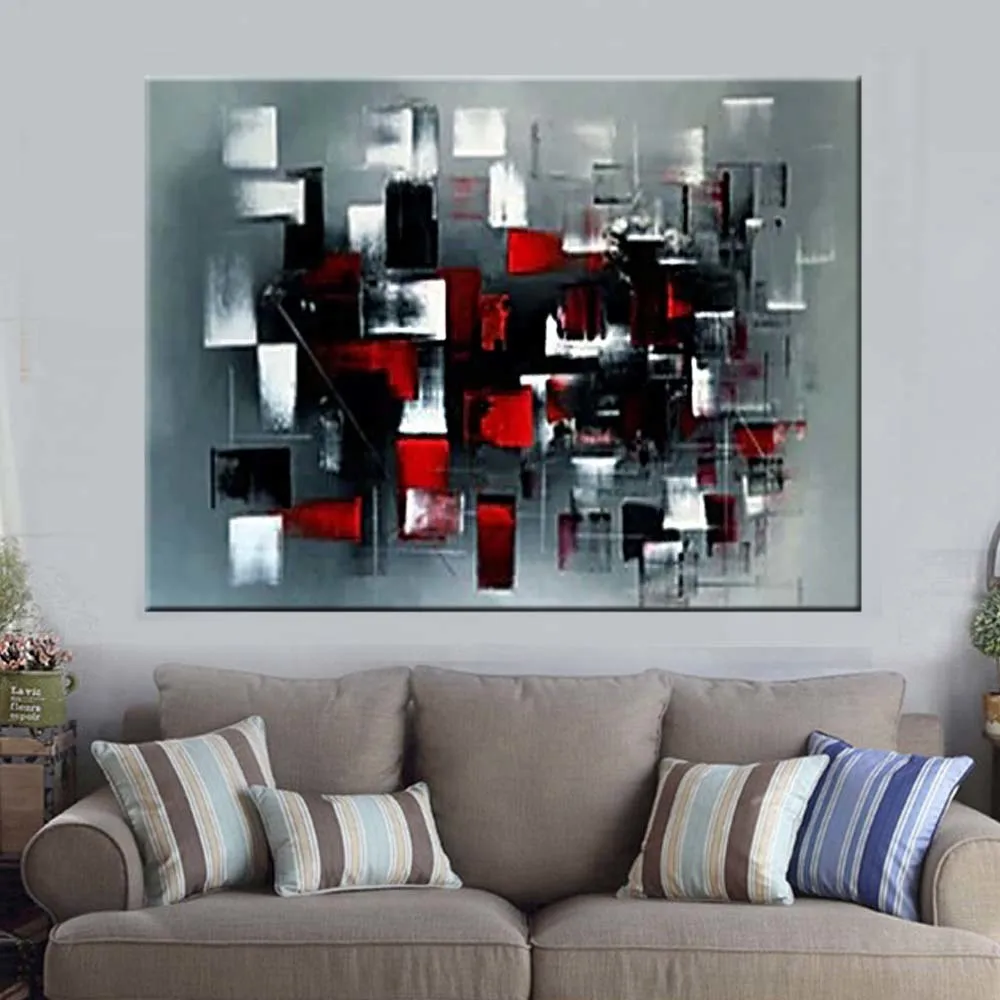 Ручная роспись Абстрактная палитра нож Серый Красный цвет Холст Картина маслом