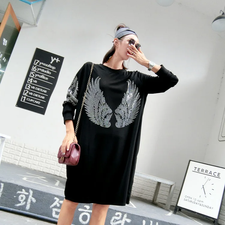 Black Long Sleeve Vefadisa, Женская весенняя одежда, черное платье-рубашка, стразы, длинный рукав, размера плюс, платье длиной до колена, свободное платье AD1777 - Цвет: Black Long Sleeve