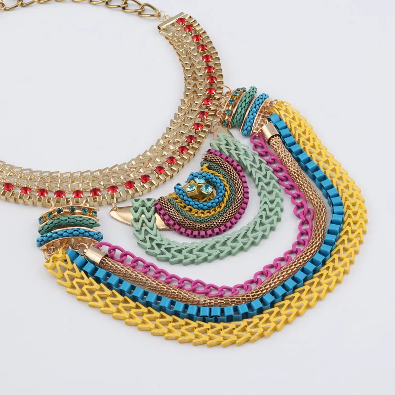 Seblasy Ethnic Bohemian Maxi Tibet Multi Layer Metal Chain Exaggeration Statement Geometric Crystal Choker Necklaces for Women |