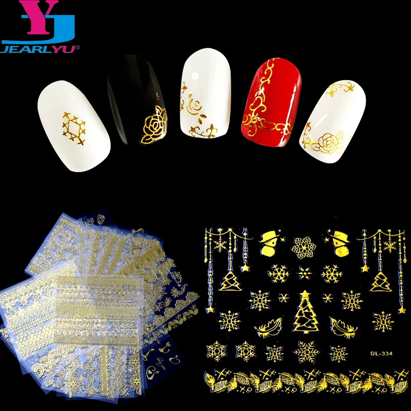 30 листов Золотой стикеры 3D на ногти Nail Art Рождественские наклейки смешанный Дизайн Клей цветок кошка ногтей Фольга Советы украшения салон аксессуар