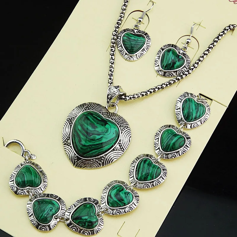 Винтажная антикварная серебряная овальная из натурального малахита 3 шт. набор