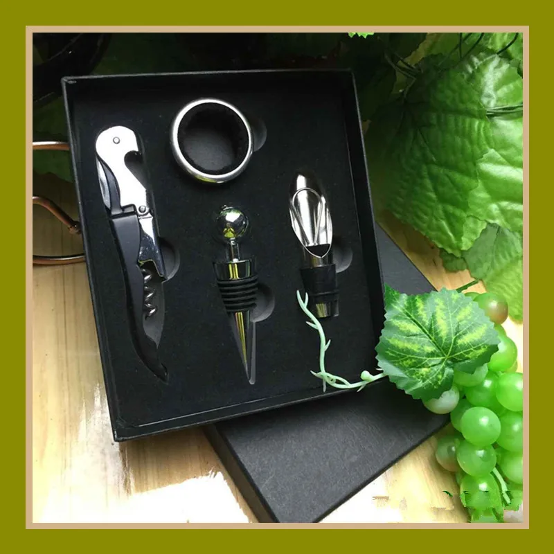 Free shipping Red Wine Bottle Opener 4Pcs In One Set with Black Leather Gift Box Wines Accessory | Дом и сад