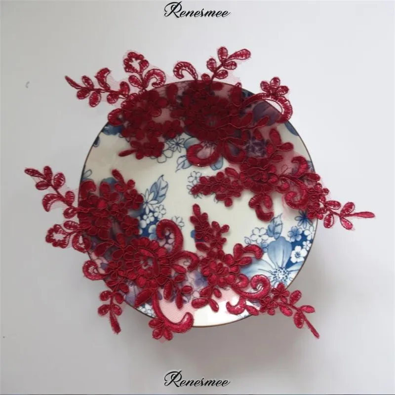 Burgundy 2pairs 2 зеркальных пары Venise дамское платье Шитье слоновая кость/чистый белый/Сапфир/бордовый/черный цветок цветочные кружева планки аппликация 24X8 см SX15 - Цвет: Burgundy 2pairs