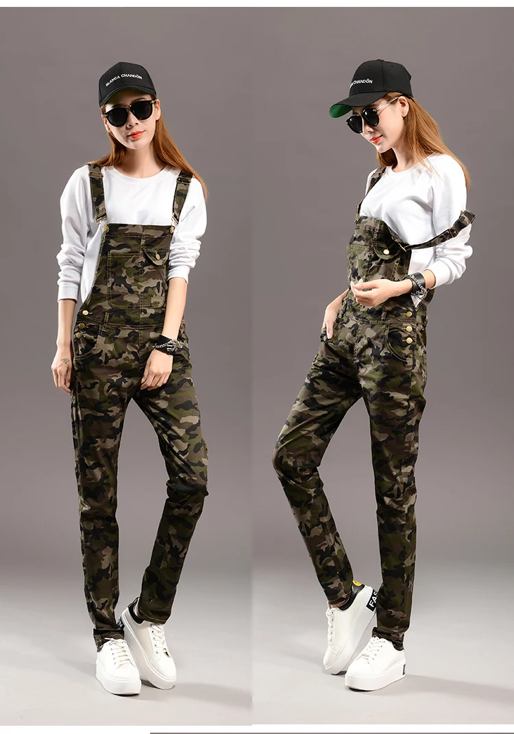 

Fashion College style Women Skinny Camouflage denim Jumpsuits Autumn Female Army Camo jean Overalls Slim fit Strap pants A72810