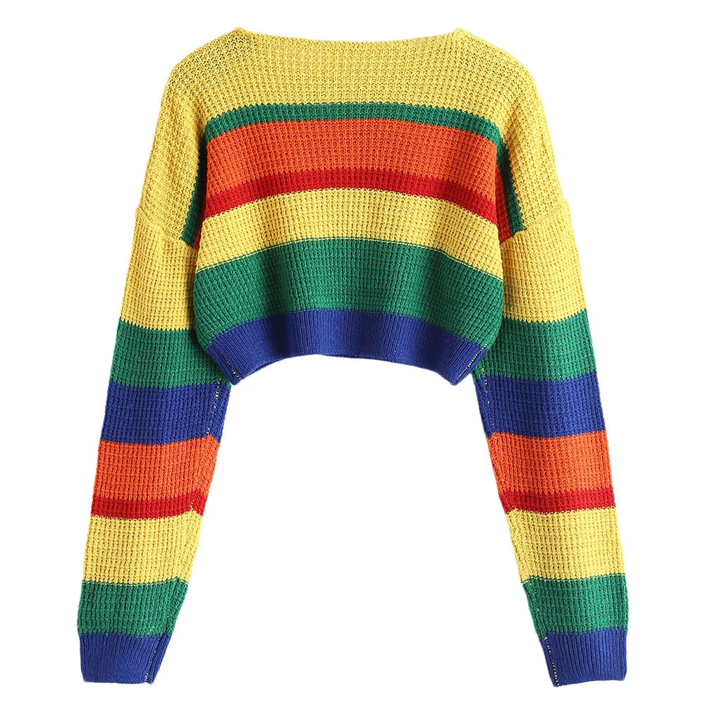 ZAFUL Multi Drop Shoulder Color Block Crop Sweater Round Collar Blocking Pullovers Short Jumper Loose Women'S Sweaters | Женская