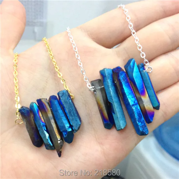 SN 053 Raw Blue Rainbow Aura кварцевое ожерелье с шипами Грубая Druzy стрелка точка Бохо