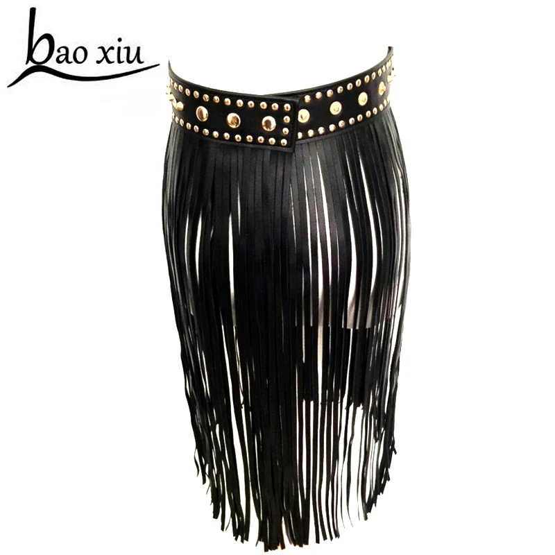 Женский длинный ремень с кисточками и бахромой черный кожаный широкими