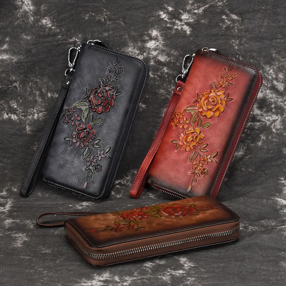 

Genuine Leather Women Wallet Handmade Long Purse Vintage Solid Cowhide multiple Cards Holder Clutch Fashion Standard Wallet