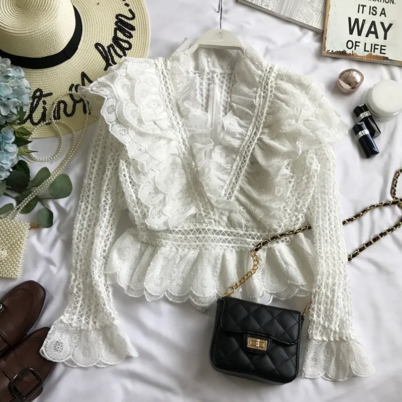 Ruffle Shirt Female Ruffles Patchwork v Collar Long Sleeve Blouse Women Spring Korean Chic Shirts brand high quality |