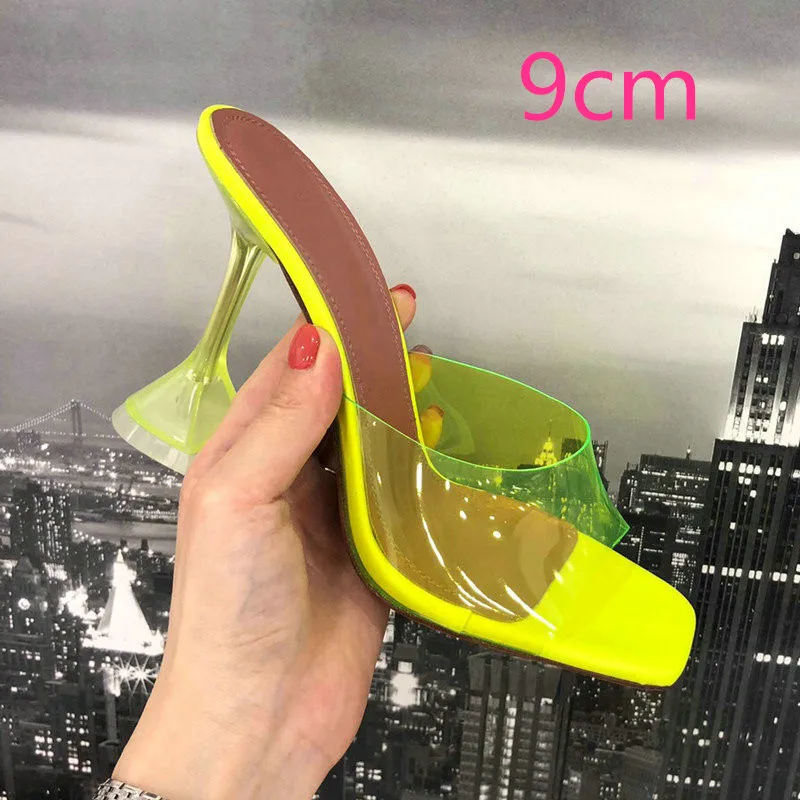 Green-9cm ; Летние прозрачные Шлепанцы из ПВХ; прозрачные модельные туфли на высоком каблуке-шпильке с открытым носком - Цвет: Green-9cm