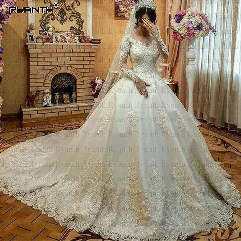 Robe De Mariage роскошное бальное платье свадебное платье принцесса с длинными рукавами кружево Длинные Свадебные платья Vestido de noiva