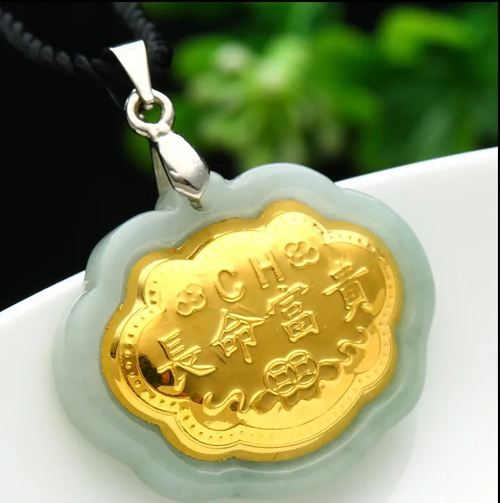 

High Quality Natural White Hetian and 24K Yellow gold Baby Lock Pendant