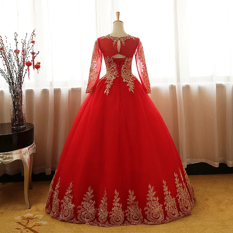 Fashion Vintage Sweet 2021 Free Shipping Lace Red Blue Black Wedding Dress Long Sleeve Plus Size Bridal Ball Gown Robe de Mariee | Свадьбы и