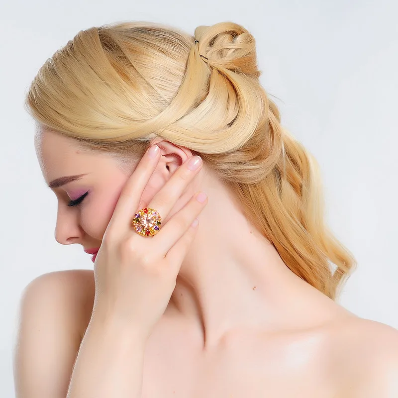 Fashionable Flower Ring Gold Color Girl Rings Colorful AAA Cubic Zirconia Bijouterie Party Female Jewelry Accessories | Украшения и