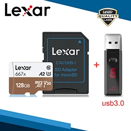 128GB-C396 Lexar 667x Micro SD tf-карта с адаптером, устройство для чтения карт памяти Micro 64 ГБ, 128 ГБ, 256 ГБ, U3, V30, A2, SDXC, UHS-I для беспилотных спортивных видеокамер - Емкость: 128GB-C396