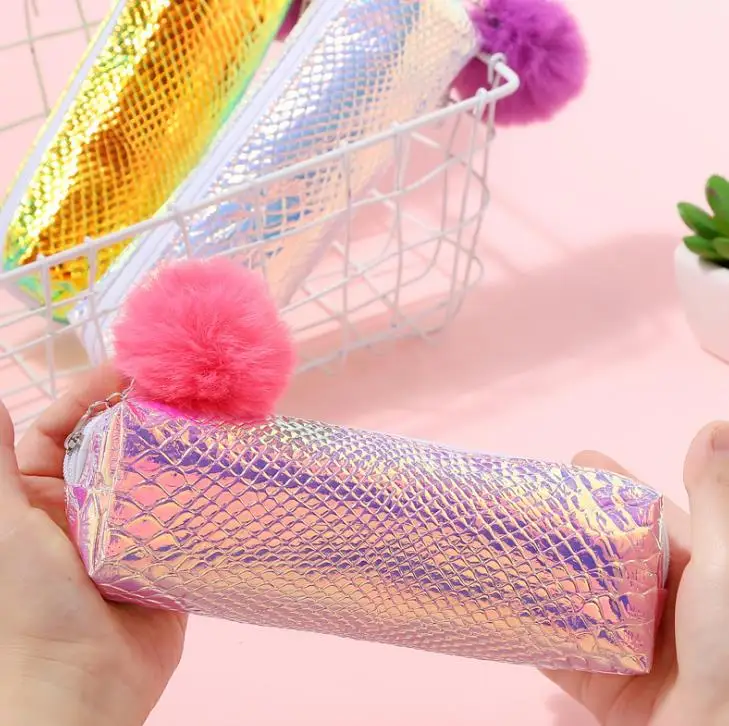 Милый чехол для карандашей с цветными лазерными блестками и русалочкой плюшевый