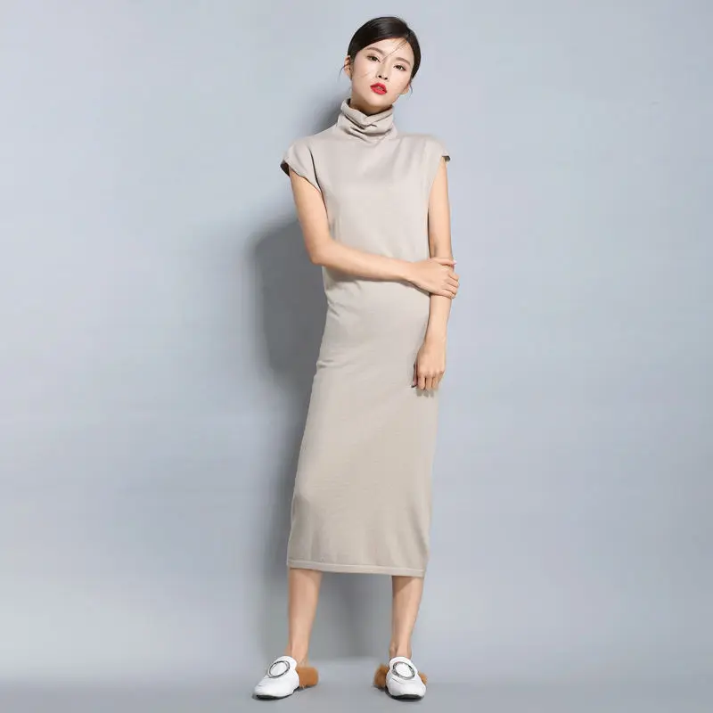 

Autumn Women Dress Turtleneck Cashmere Sweater Female Casual Solid Knitted pullovers women high neck sleeveless sweater dress