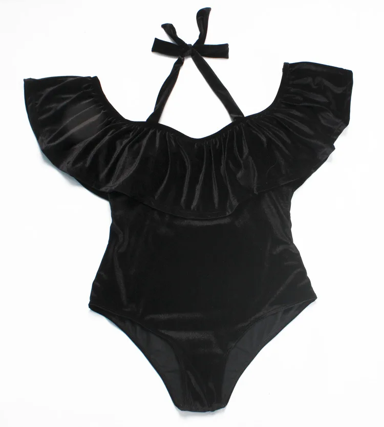2018 Vintage Plus Size XL- 4XL Black Velvet One Piece Swimsuit For Fat Women Ruffle Off Shoulder Bathing suit Wome |