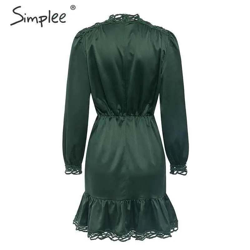 Simplee Vintage lace hem ruffled women dress Long sleeve stand neck mini ladies dresses High waist female autumn dress vestidos