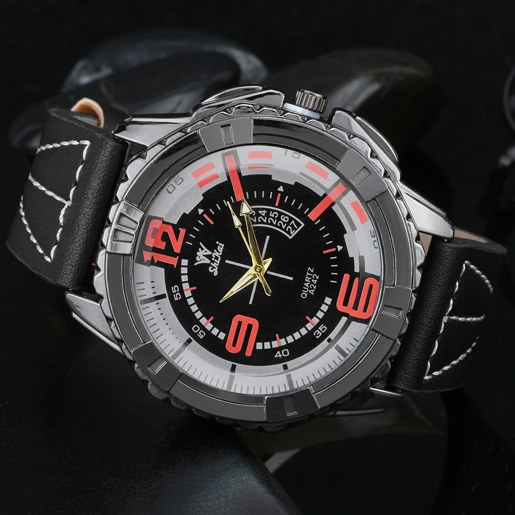 Роскошные мужские часы бизнес большой циферблат Мода кожаный ремень кварцевые