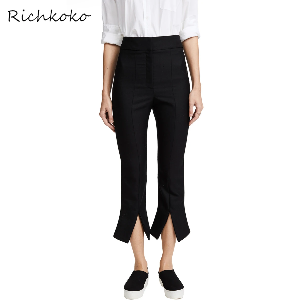 RichKoKo 2018 Women Black Casual Flare Pants Elastic Waist Female Calf-Length High Rise Trousers Lady Bottoms | Женская одежда