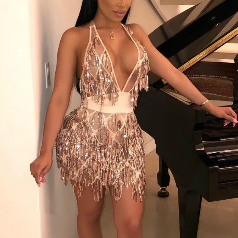 Женское летнее сексуальное Клубное платье с блестками и бахромой вечернее мини