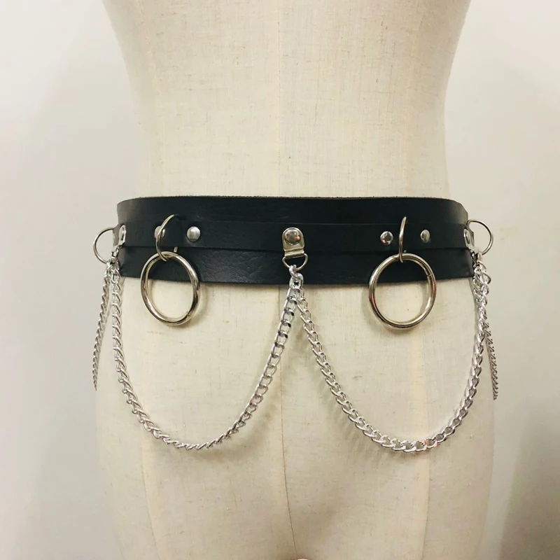 Fashion Unisex Men Women punk Harness metal chain Wide leather Waist Belts Hologram Circle cool Gothic tassel Chain Strap